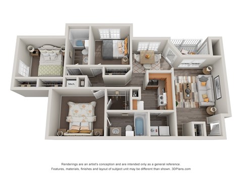 A 3D floor plan of a house with multiple rooms.